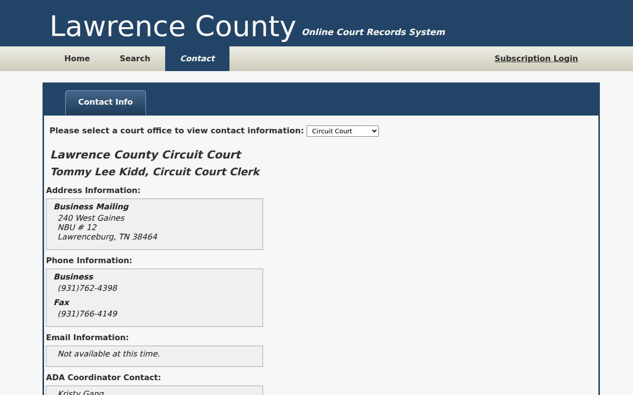 Lawrence County criminal court docket clerk contact selector