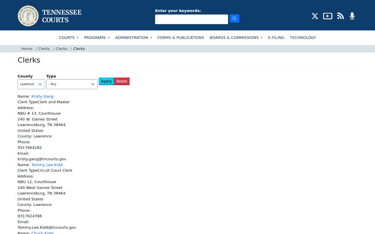 Tennessee clerk directory for Lawrence County court docket contacts