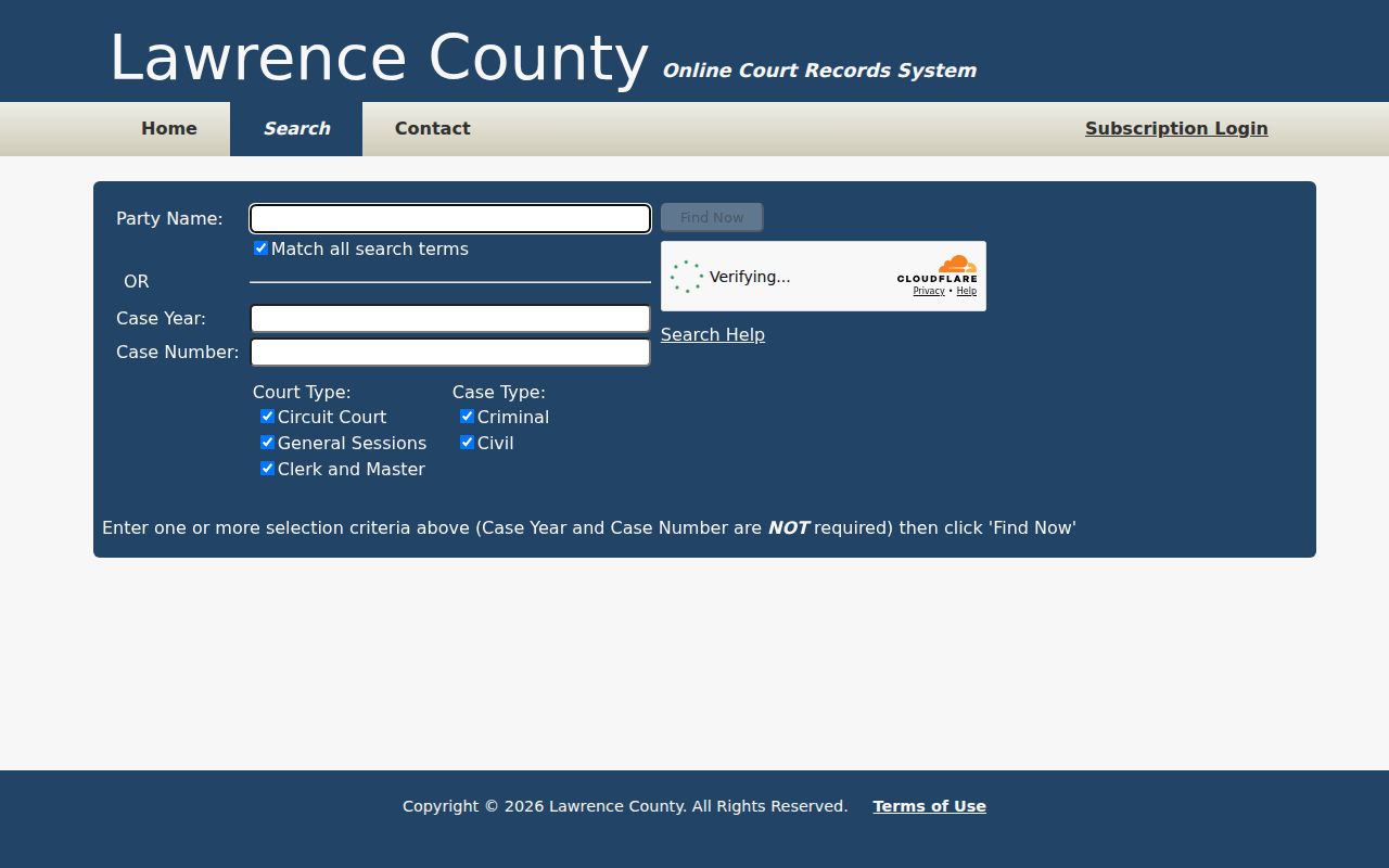 Lawrence County court docket search form and human verification