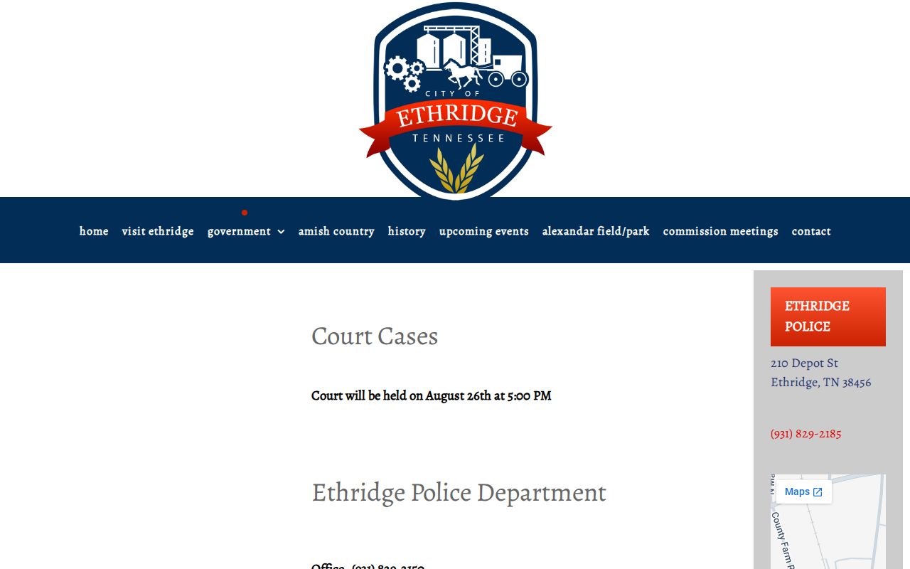 Ethridge police page with court cases notice and police contact
